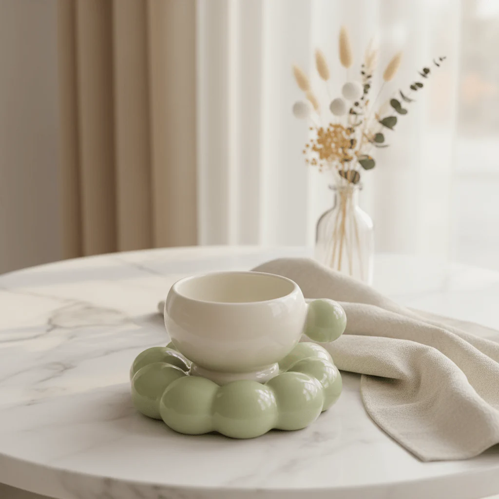 AKDC Elegant White Ceramic Mug with Green Handle & Matching Saucer for Tea & Coffee 250ml - Image 2