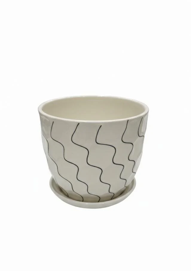 AKDC Elegant White Ceramic Pot with Artistic Black Wave Line Design – 15×17 cm