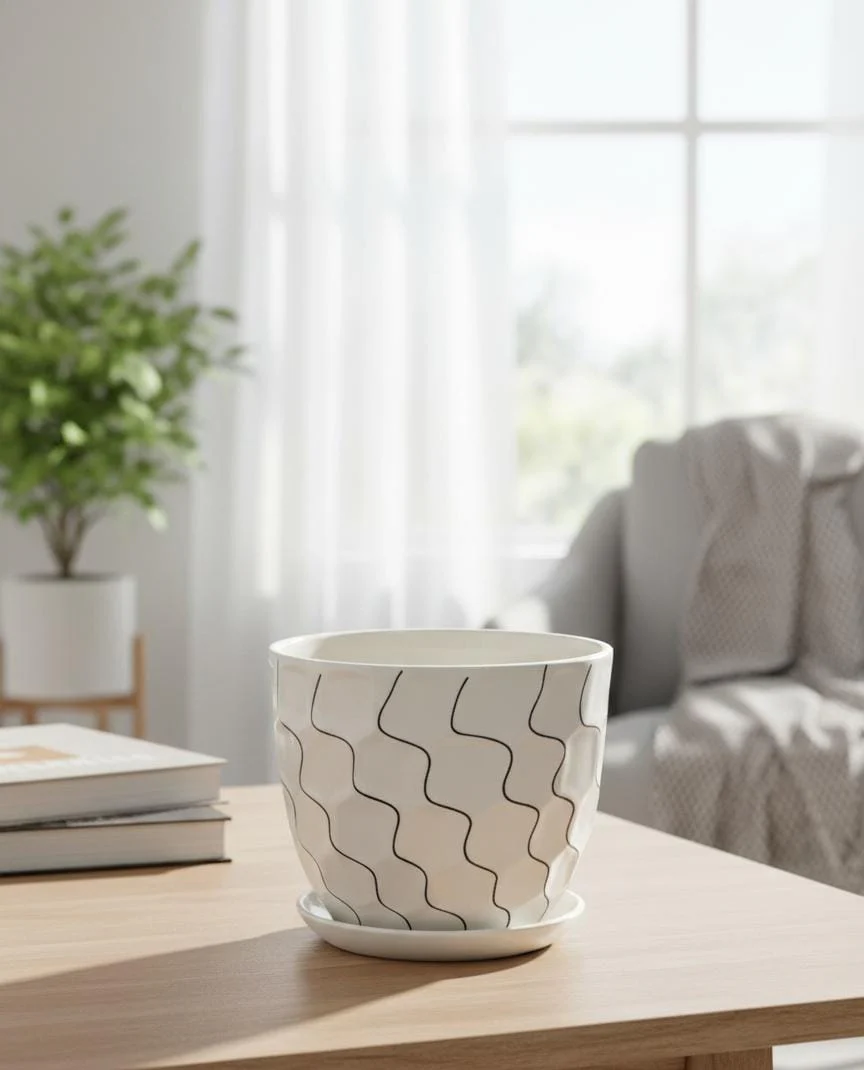 AKDC Elegant White Ceramic Pot with Artistic Black Wave Line Design – 15×17 cm - Image 2