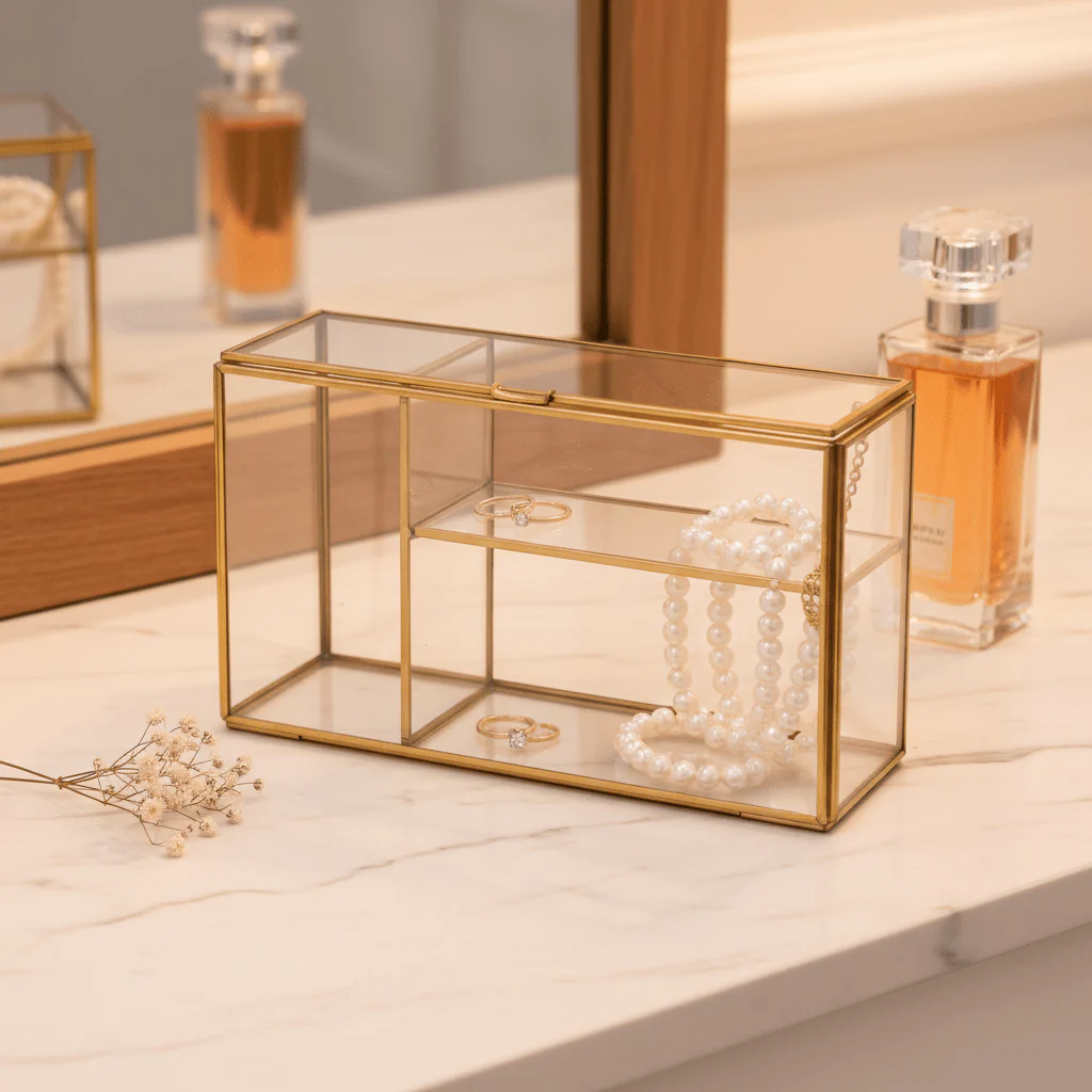 AKDC Elegant Golden-Bordered Glass Organizer Box | 25×15cm Luxury Vanity Keepsake & Jewelry Display Case - Image 2