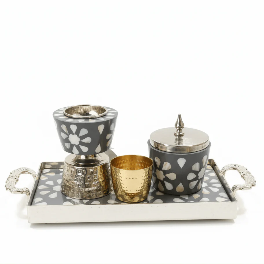 AKDC Elegant Floral Arabesque Silver & Grey Enamel Metal Incense Burner Gift Set with Hammered Tray — 35×16 cm