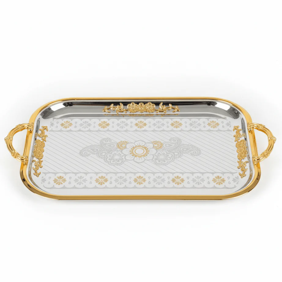 AKDC Extra Large Rectangular Stainless Steel Serving Tray with Stylish Gold Trim and Handles, Premium Multipurpose Serving Tray for Tea, Coffee, Snacks & Meals – 45 × 35 cm