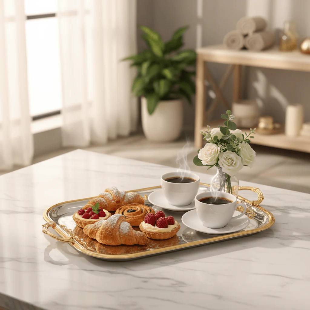 AKDC Extra Large Rectangular Stainless Steel Serving Tray with Stylish Gold Trim and Handles, Premium Multipurpose Serving Tray for Tea, Coffee, Snacks & Meals – 45 × 35 cm - Image 2