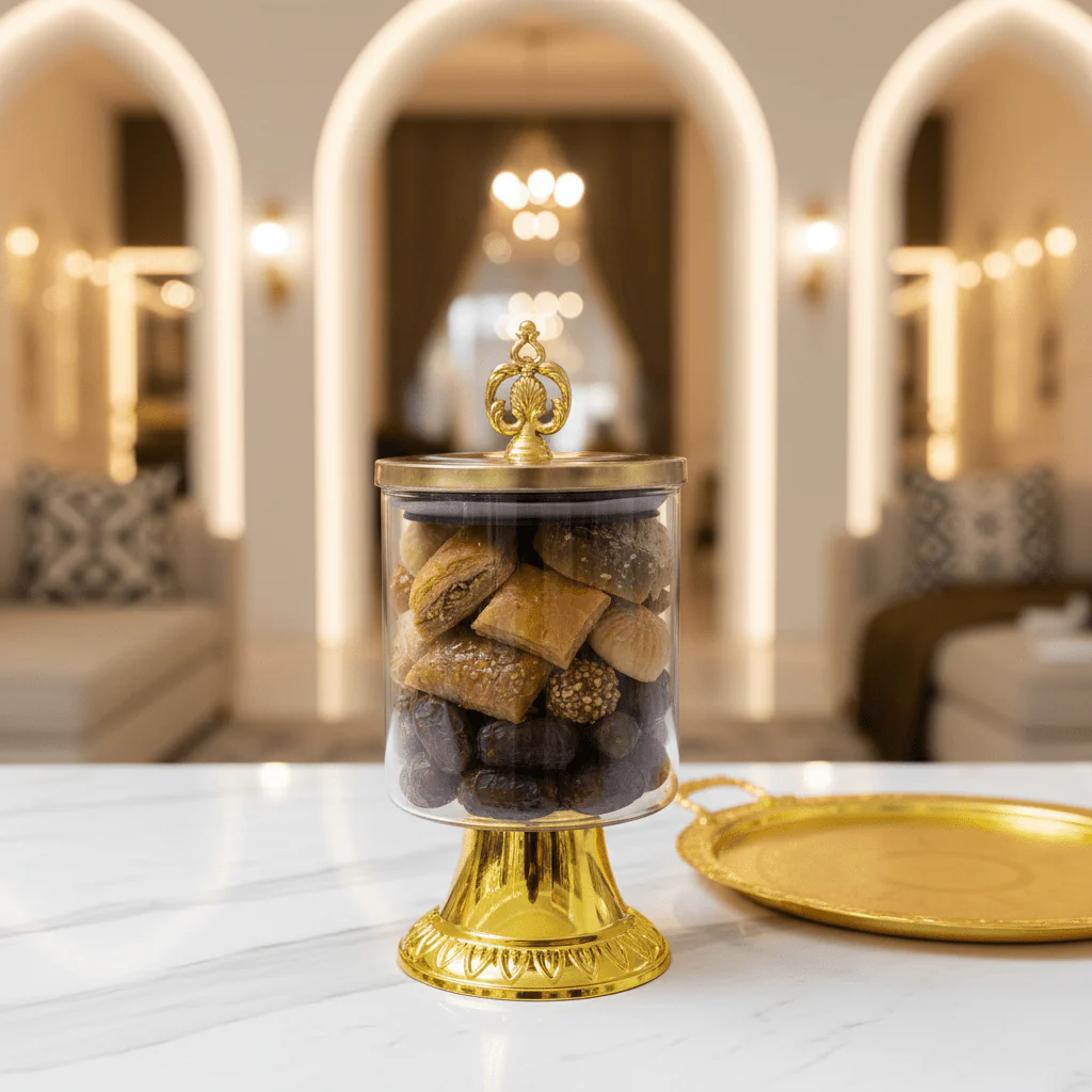 AKDC Footed Glass Storage Jar with Metal Base – Luxury Display Jar for Candy Snacks & Kitchen Storage – 18x10 cm - Image 2