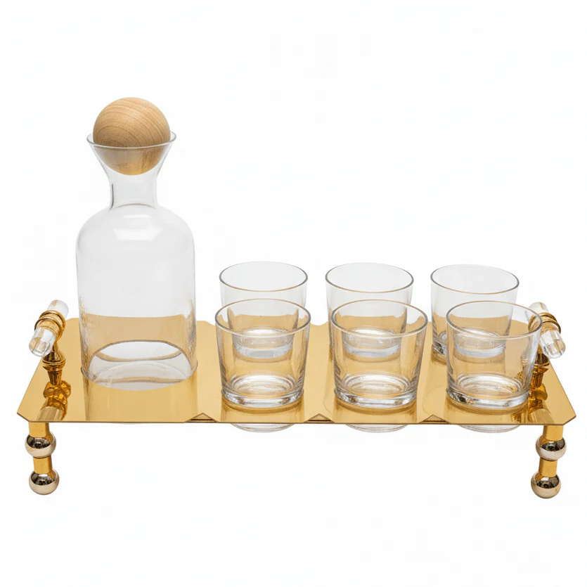 AKDC Glass Beverage Set with Gold Metal Holder 45×20 cm Elegant Drink Serving Set for Guests