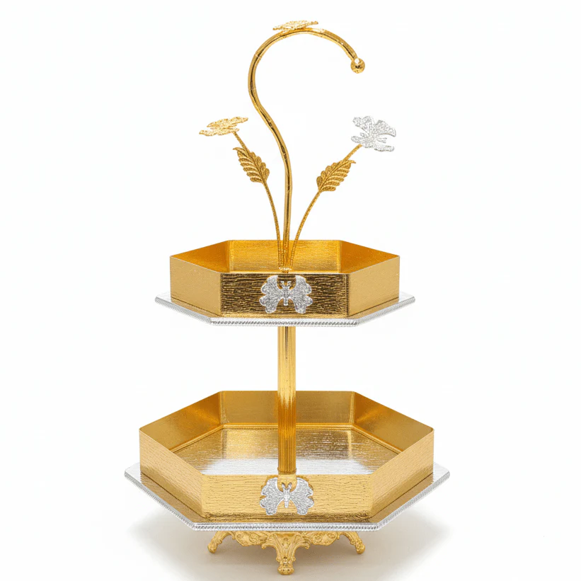 AKDC Gold 2 Tier Serving Tray Stand Elegant Dessert Display Rack for Cakes Fruits and Party Serving 50 x 30 cm