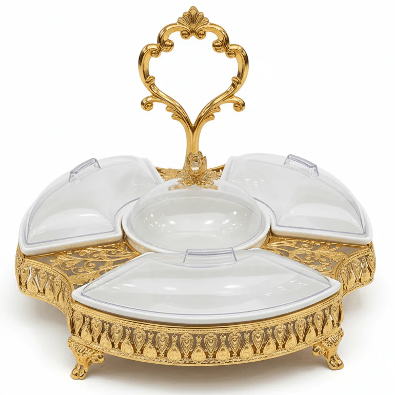 AKDC Gold Candy Tray with 3 Sections and Bowl Luxury Serving Set for Snacks Sweets and Dry Fruits 35 cm