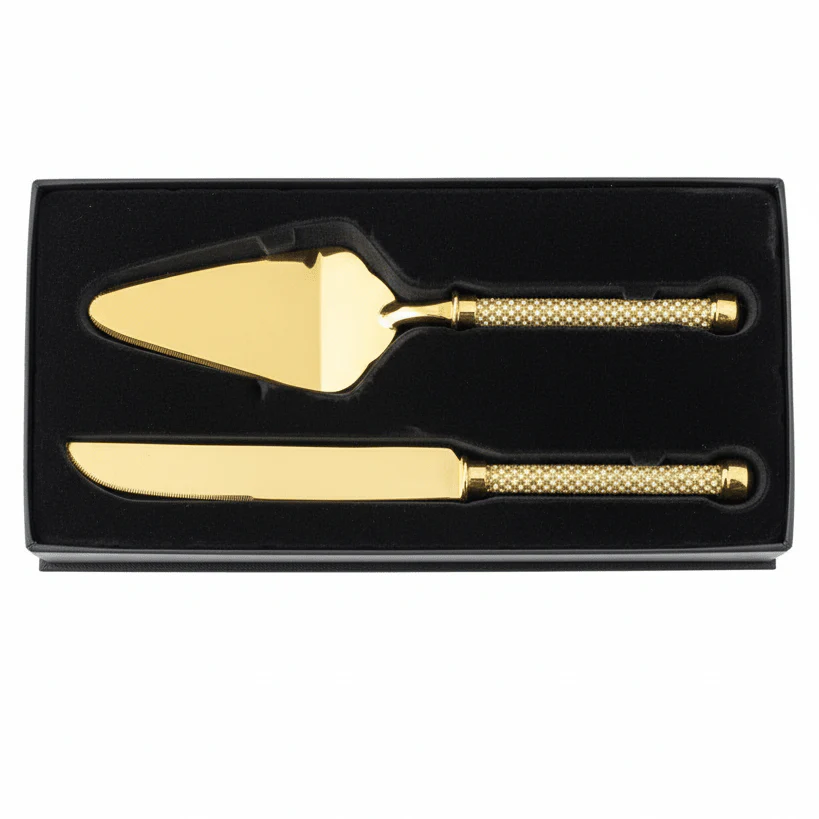 AKDC Stainless Steel Gold Diamond Pattern Handle Cake Serving Set Premium Cake Knife and Server Set for Celebrations – 30 cm