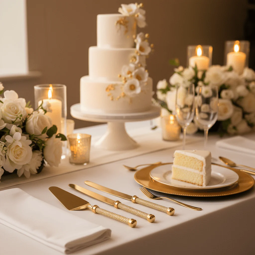 AKDC Stainless Steel Gold Diamond Pattern Handle Cake Serving Set Premium Cake Knife and Server Set for Celebrations – 30 cm - Image 2