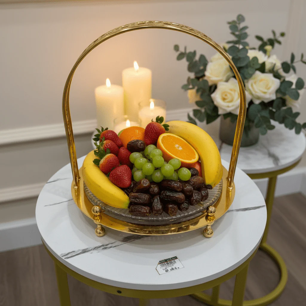 AKDC Gold Fruit Basket with Glass Plate Decorative Serving Basket for Fruits Snacks and Table Centerpiece 35 x 25 cm - Image 2
