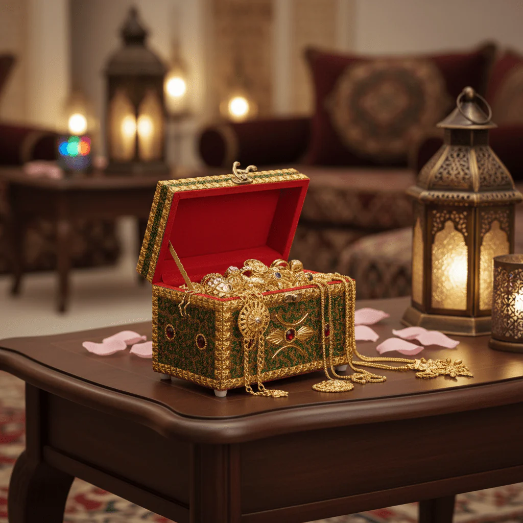 AKDC Golden and Green Wooden Jewellery Box with Antique Brass Latch, Decorative Storage Organizer (7 inch) - Image 2