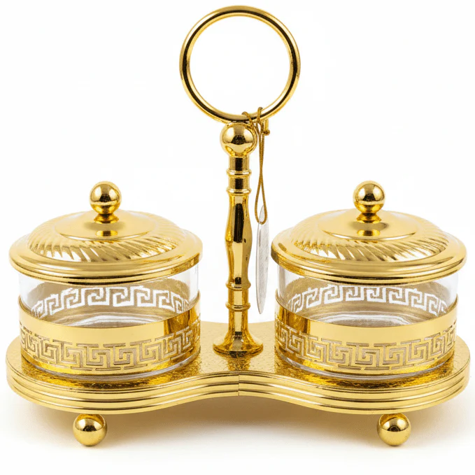 AKDC Royal Gold Candy Pot Set | Ornate 2-Piece Glass & Metal Confectionery Jars | 20×15 cm