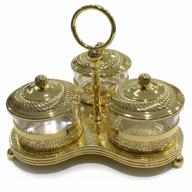 AKDC Royal Gold 3-Piece Candy & Condiment Jar Set | Ornate Metal & Glass | 20×15 cm