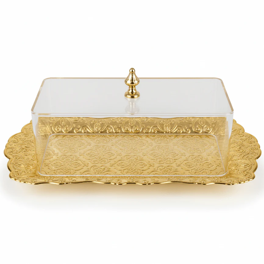 AKDC GoldServe Premium Golden Rectangular Metal Snack Plate with Clear Acrylic Lid Serving Dish 28×16cm