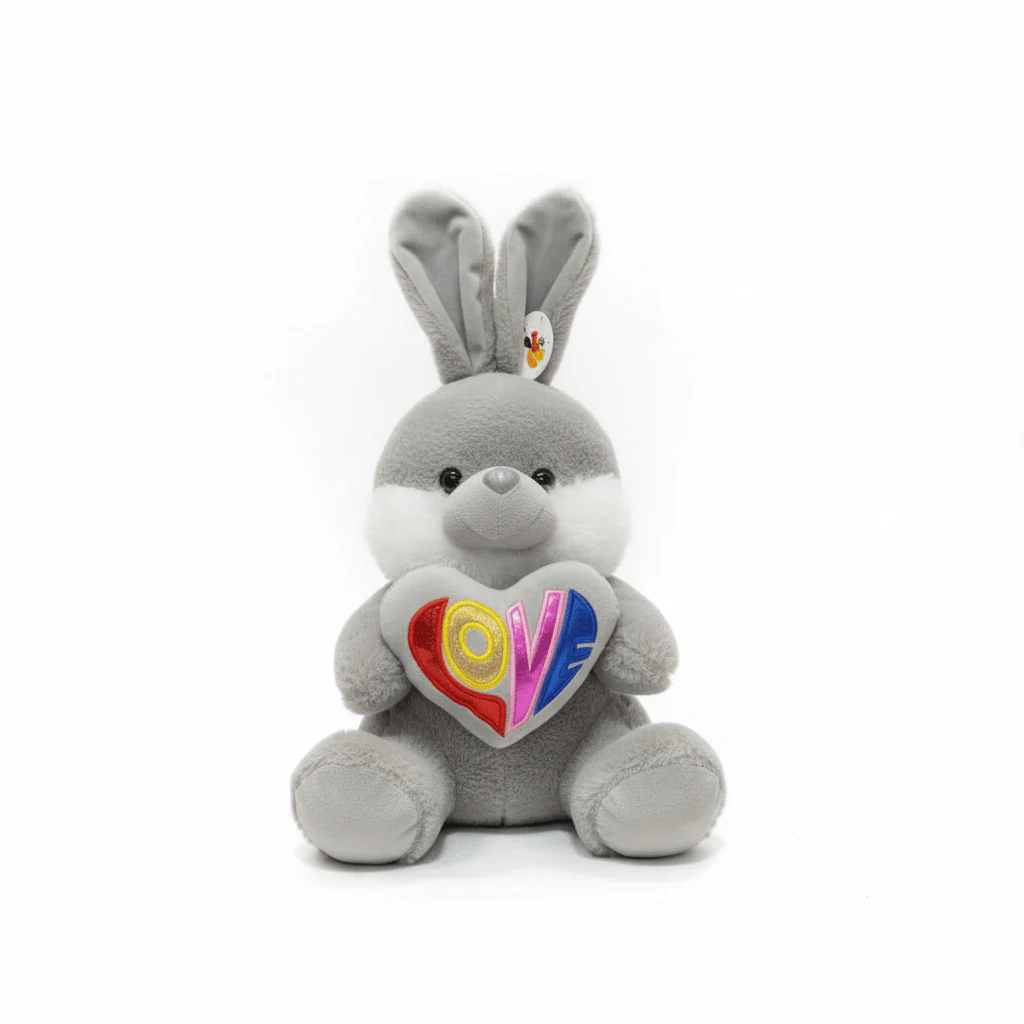 AKDC Gray Bunny Soft Plush Toy with Love Text Print – 30 cm Stuffed Animal Gift Toy