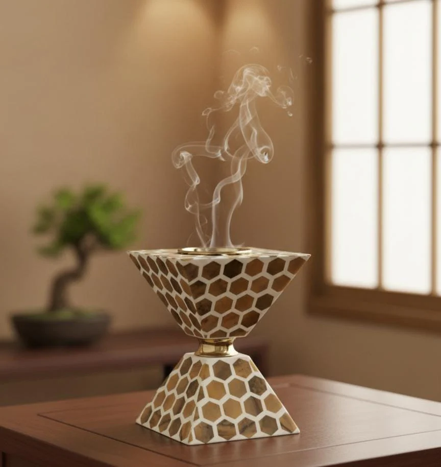 AKDC Handcrafted Wooden Incense Burner 17x13 cm – Elegant Brown & Cream Aroma Diffuser Box for Home, Office & Prayer Use