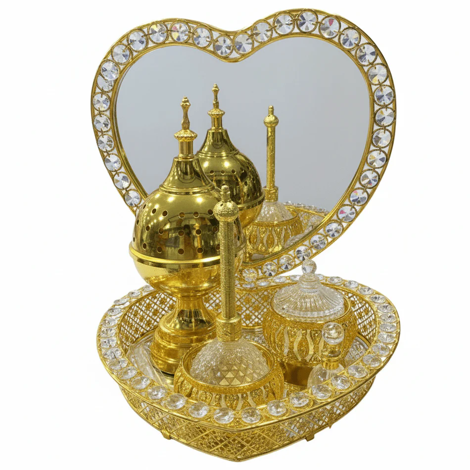 AKDC Luxury Heart-Shaped Gold & Crystal Arabic Incense Set | Premium Bakhoor Burner Gift Set | 30cm