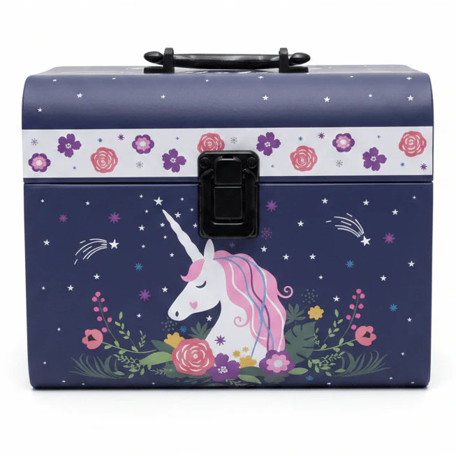 AKDC Large Navy Blue Unicorn Printed Cardboard Gift Box with Handle for Event Favors, Birthday Gifts & Treat Packaging – 21×16.5 cm