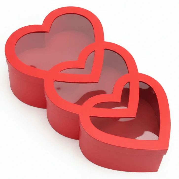 AKDC Large Red Triple Heart-Shaped Cardboard Gift Box with Clear Plastic Cover for Luxury Hampers, Valentine Gifts & Event Packaging – 45×20×10 cm