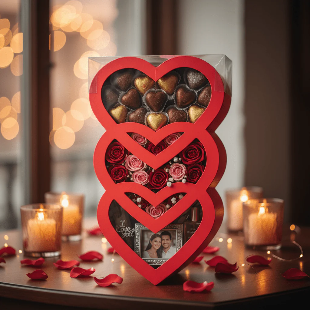 AKDC Large Red Triple Heart-Shaped Cardboard Gift Box with Clear Plastic Cover for Luxury Hampers, Valentine Gifts & Event Packaging – 45×20×10 cm - Image 2