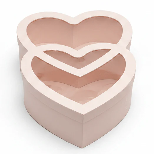 AKDC Light Pink Double Heart Cardboard Gift Box with Transparent Lid for Wedding Gifts, Baby Shower Presents & Romantic Packaging – 32×22×10 cm