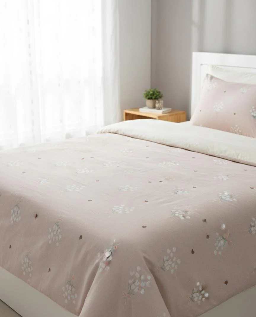 AKDC Light Pink Floral Poly-Cotton Quilt Cover Set 160x200cm with Bed Sheet & Pillowcase
