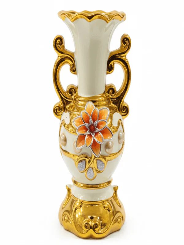 AKDC Luxury Ceramic Flower Vase – Elegant White with Gold Finish and Floral Embellishment, 25.5 cm