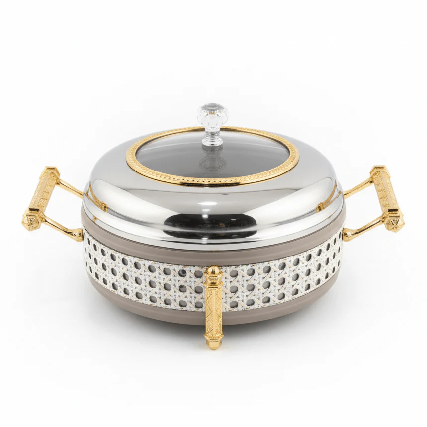AKDC Luxury Round Glass & Metal Dates Bowl with Lid – Elegant Ramadan & Hospitality Serving Bowl 22 cm