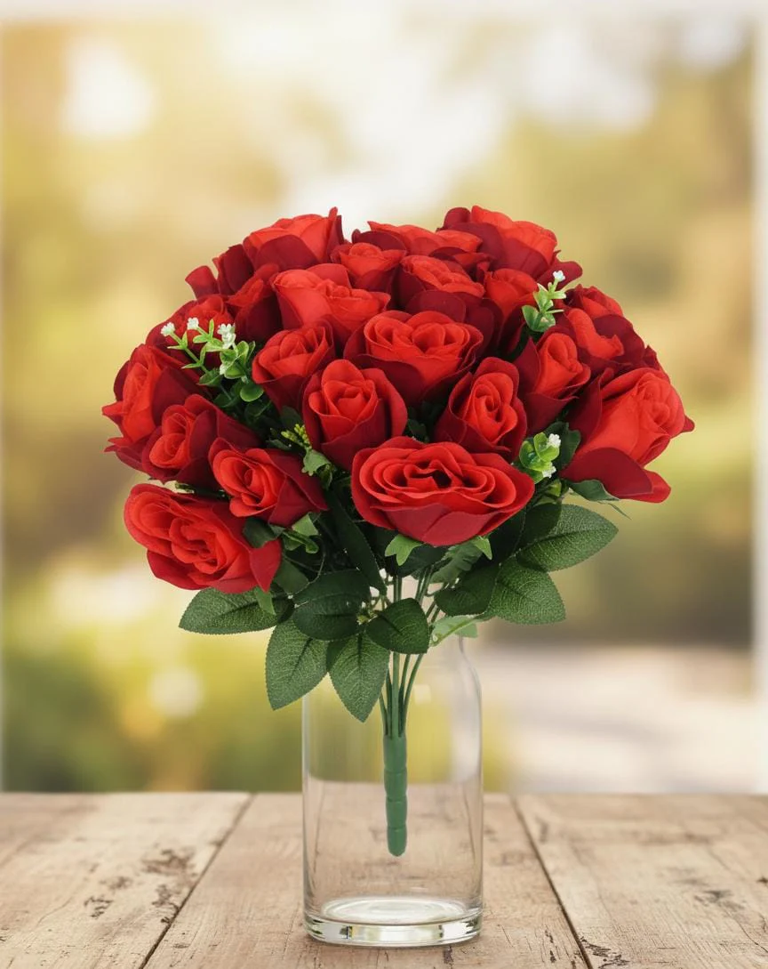 AKDC Luxury Velvet Touch Artificial Red Rose Branch – Premium Silk Petals with Durable Plastic Stem – 36 cm Decorative Floral Accent - Image 2