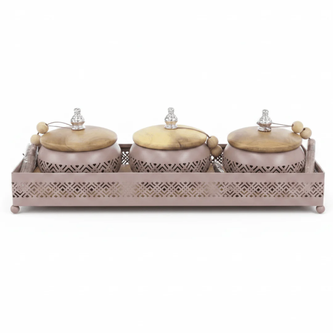 AKDC Mauve Taupe Metal & Wooden Serving Tray with 3 Candy Bowls – Premium Entertaining Set for Guests – 36 × 12 cm