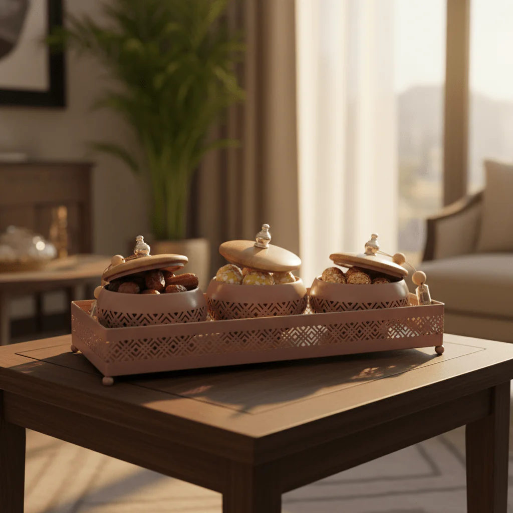 AKDC Mauve Taupe Metal & Wooden Serving Tray with 3 Candy Bowls – Premium Entertaining Set for Guests – 36 × 12 cm - Image 2