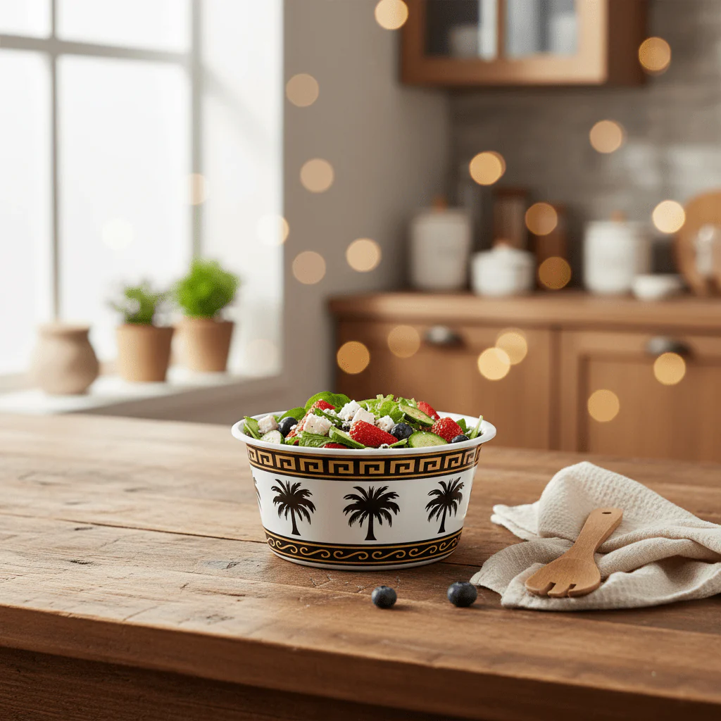 AKDC Melamine Bowl with Lid – Palm Tree Pattern, Strong & Lightweight Food Storage and Serving Bowl (16 × 8.5 cm) - Image 2