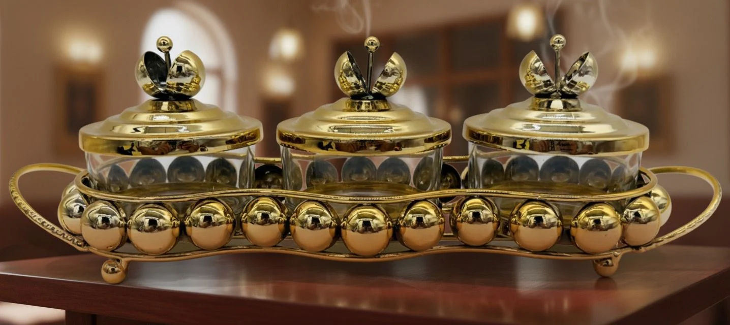AKDC Metal and Glass 3pcs Candy Bowl Set 37cm*10cm*11.5cm, Gold
