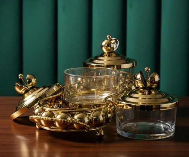AKDC Metal and Glass 3pcs Candy Bowl Set 37cm*10cm*11.5cm, Gold - Image 2