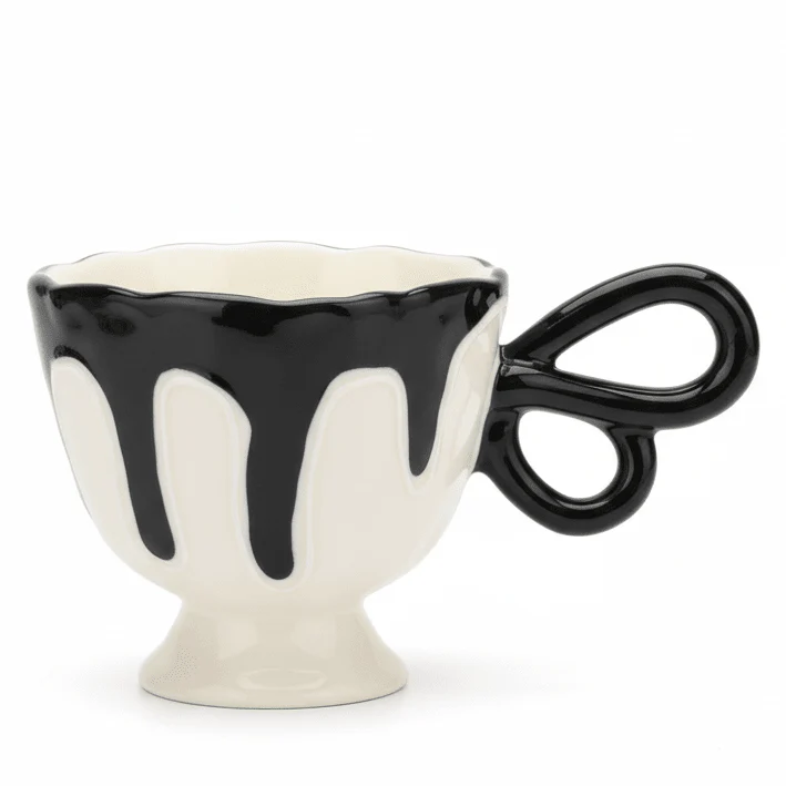 AKDC Modern White Ceramic Mug with Elegant Black Pattern & Comfortable Handle 250ml