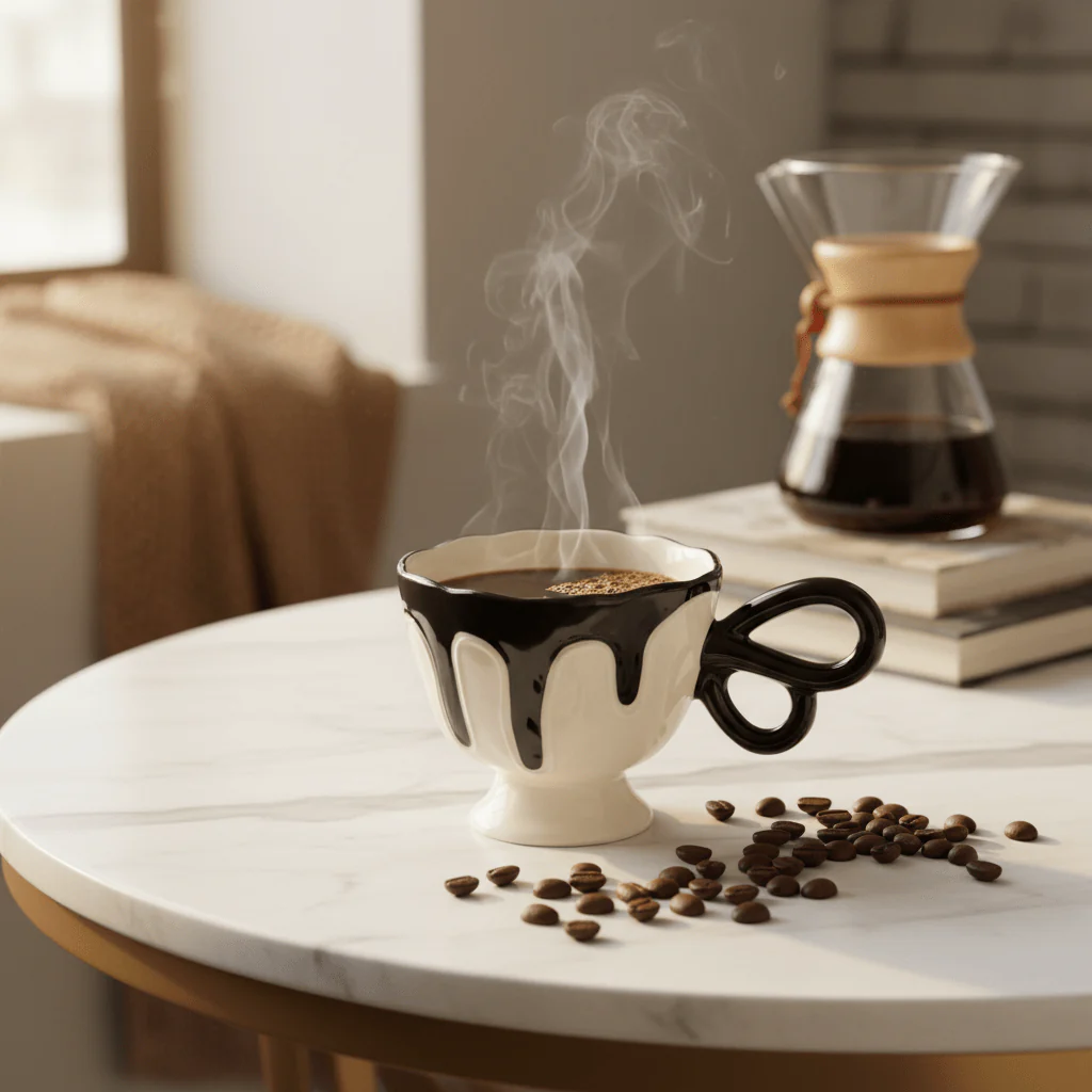 AKDC Modern White Ceramic Mug with Elegant Black Pattern & Comfortable Handle 250ml - Image 2