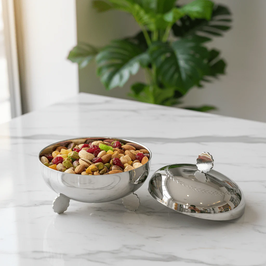 AKDC Multipurpose Stainless Steel Round Dates Bowl with Lid for Elegant Table Serving – 14 cm - Image 3