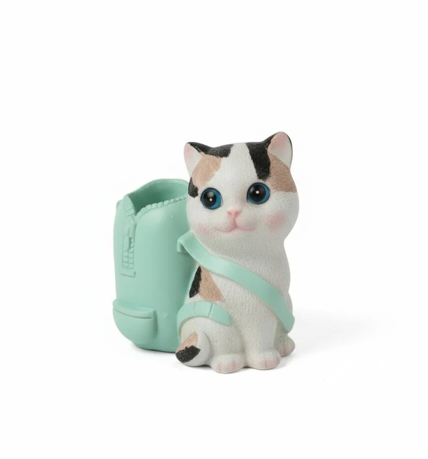 AKDC Polyresin Cat with Bag Pen Holder – White & Green Cute Animal Desk Organizer 12 cm
