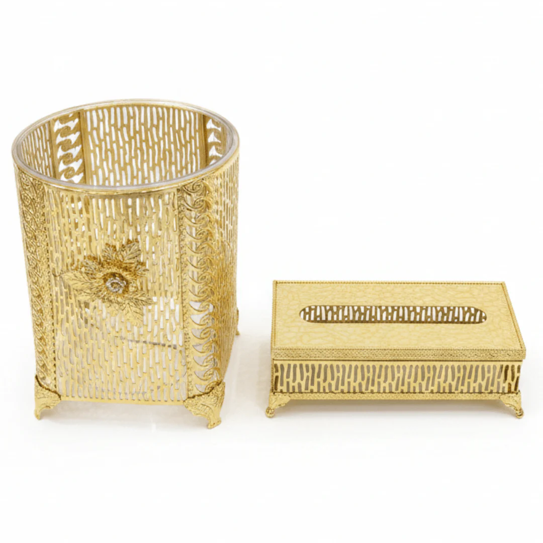 AKDC Premium Acrylic Dustbin with Gold Metal Base and Tissue Box Set for Bathroom, Office and Home Décor – Dustbin 28×22 cm, Tissue Box 26×13 cm