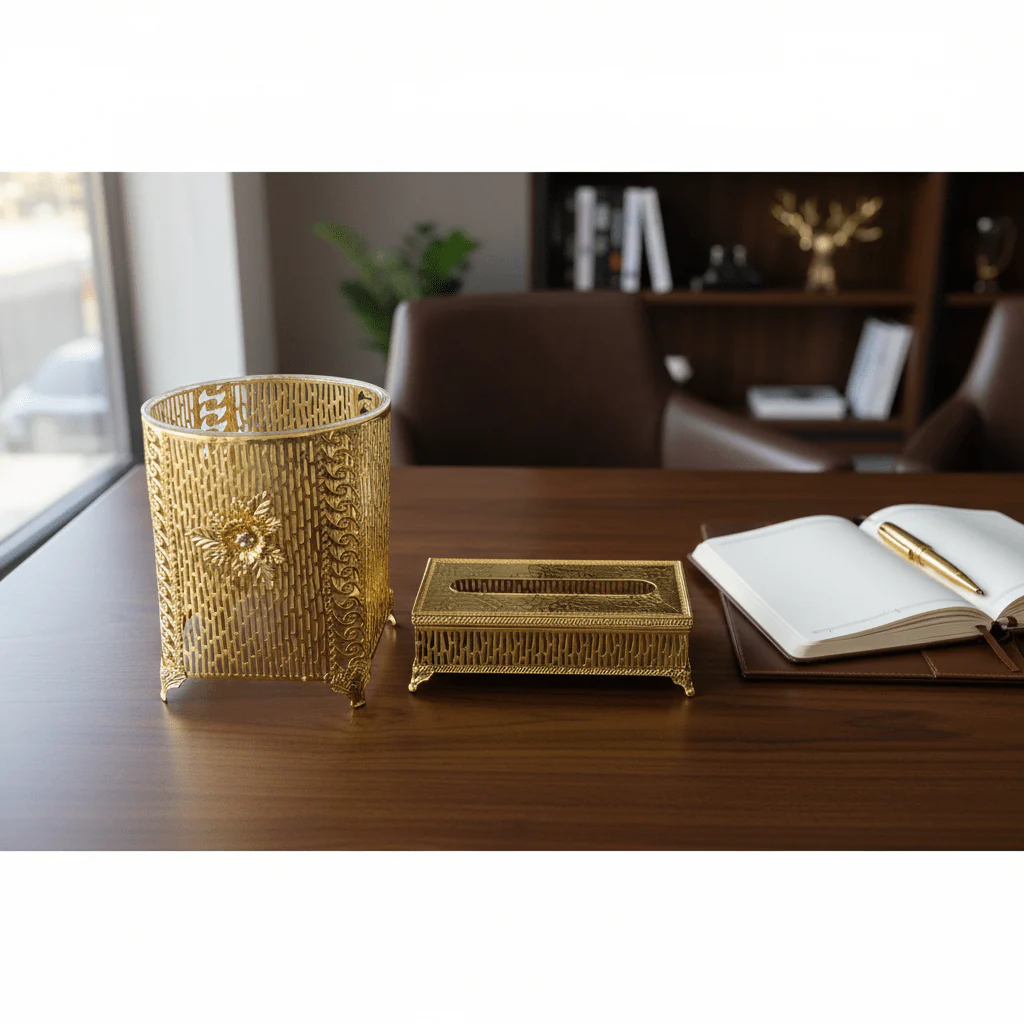 AKDC Premium Acrylic Dustbin with Gold Metal Base and Tissue Box Set for Bathroom, Office and Home Décor – Dustbin 28×22 cm, Tissue Box 26×13 cm - Image 2