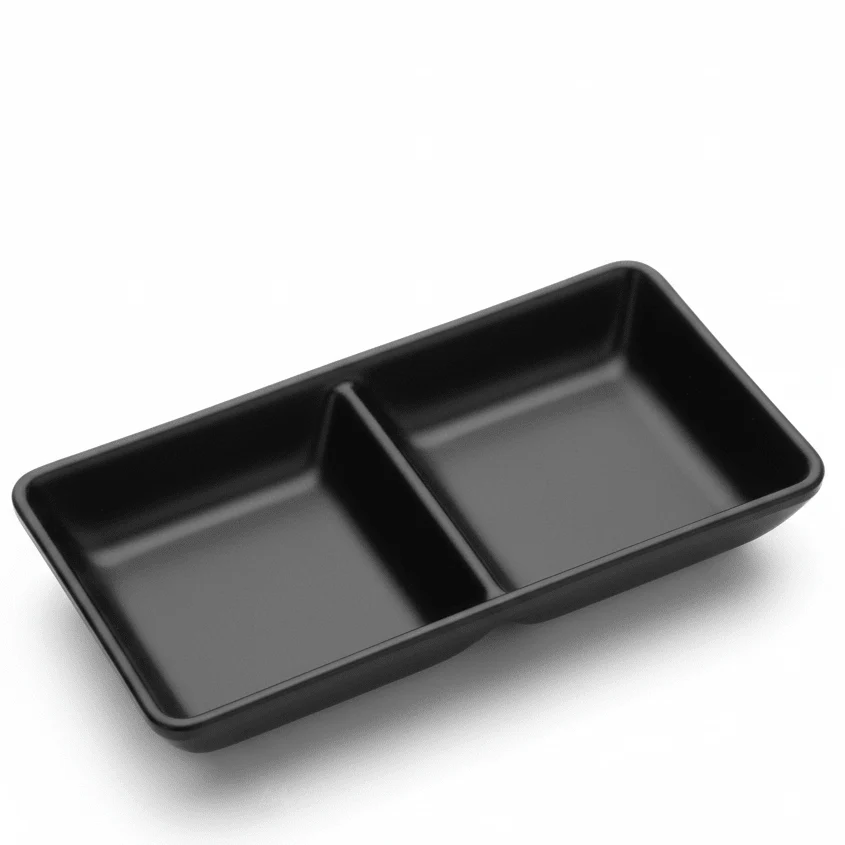 AKDC Premium Black Melamine 2-Compartment Rectangular Sauce Serving Dish 15×7 cm Durable Restaurant Style