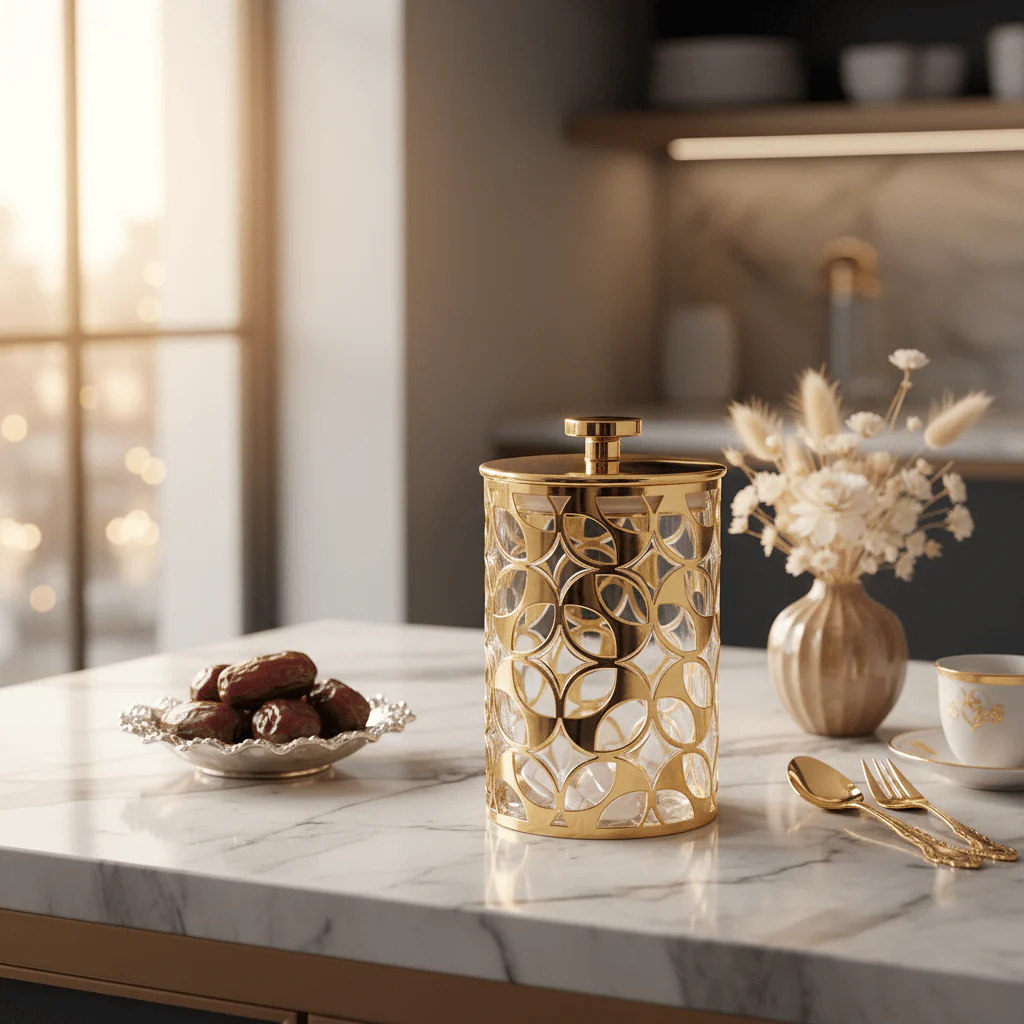AKDC Premium Gold Design Acrylic Storage Jar with Lid for Kitchen Organization 15 × 10 cm - Image 2
