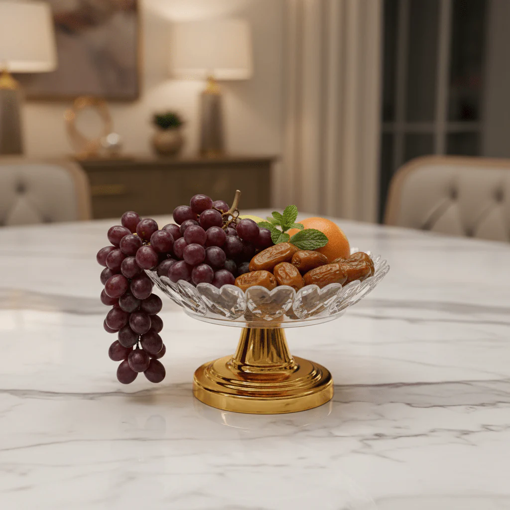 AKDC Premium Gold Metal Base Acrylic Fruit Plate, Decorative Serving Tray for Dining & Parties – 22 × 10 cm - Image 2
