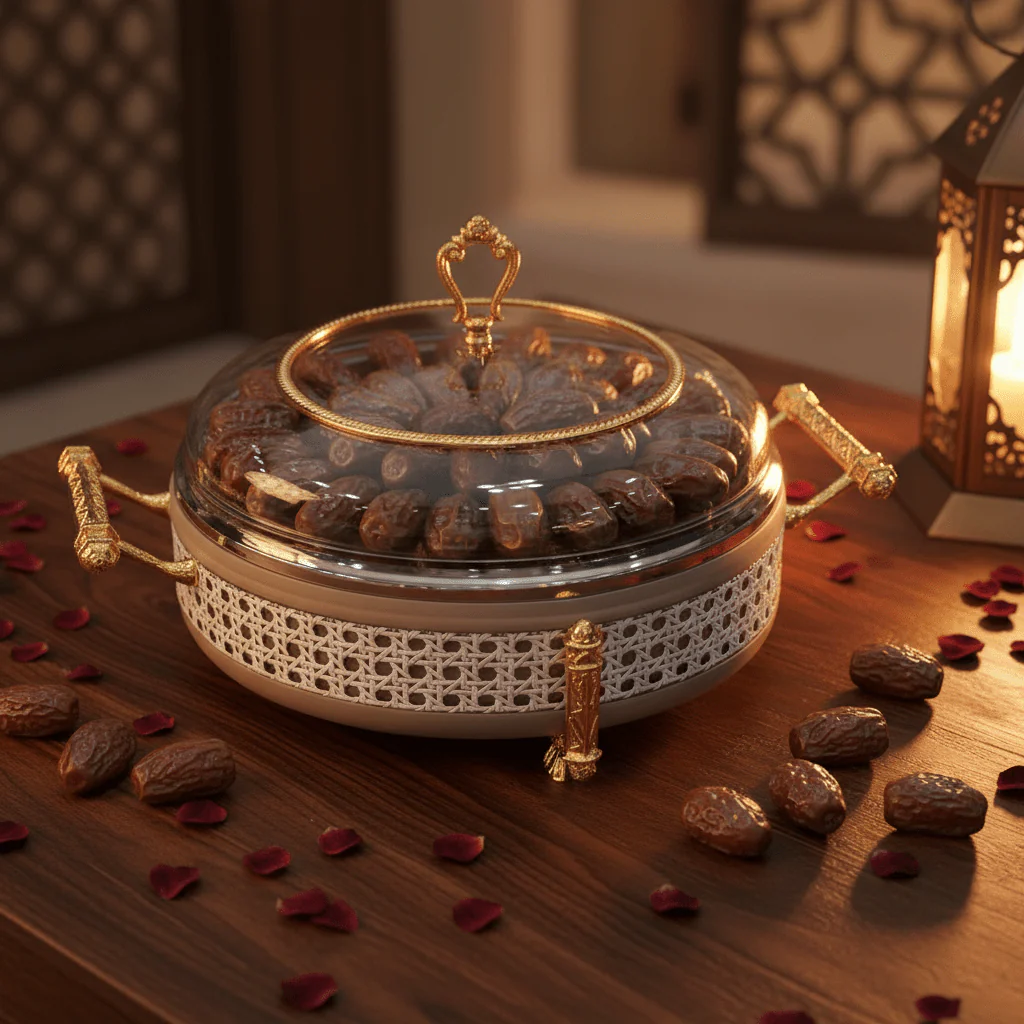 AKDC Premium Large Round Dates Serving Bowl with Glass Lid – Metal & Glass Decorative Bowl 26 cm - Image 2