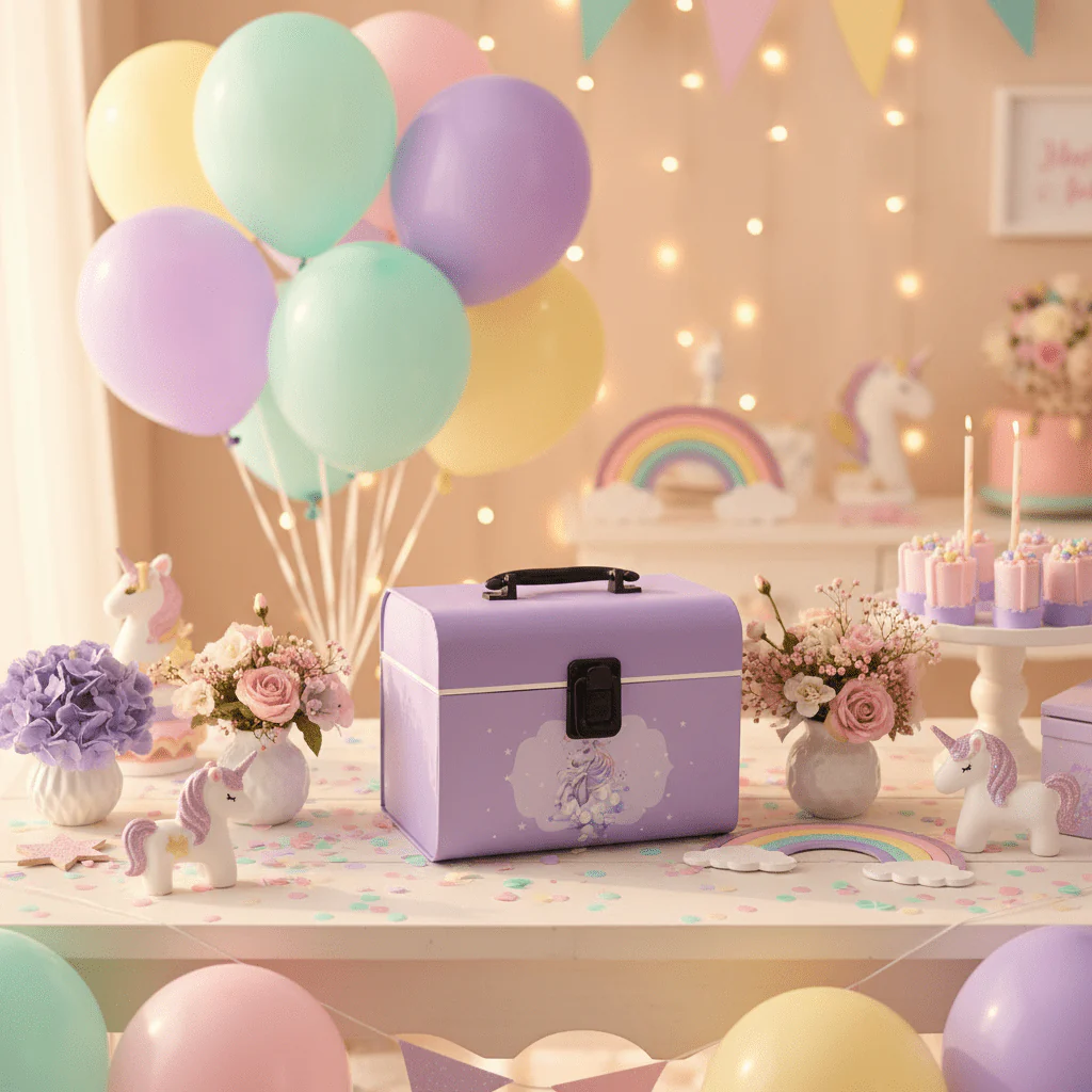 AKDC Premium Solid Lilac Unicorn Theme Cardboard Gift Box with Durable Handle for Kids Birthday Party, Baby Shower & Gift Packaging – 18×14 cm - Image 2