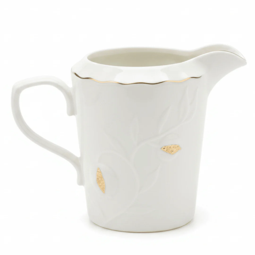 White Ceramic Creamer Jug with Gold Accent Design and Easy-Pour Handle – Stylish Milk Server (10×6 cm)