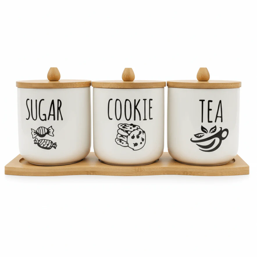 AKDC PureStore XL 3-Piece White Ceramic Canister Set with Wooden Base & Lid Premium Storage 30×10cm