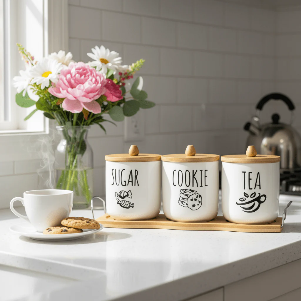 AKDC PureStore XL 3-Piece White Ceramic Canister Set with Wooden Base & Lid Premium Storage 30×10cm - Image 2