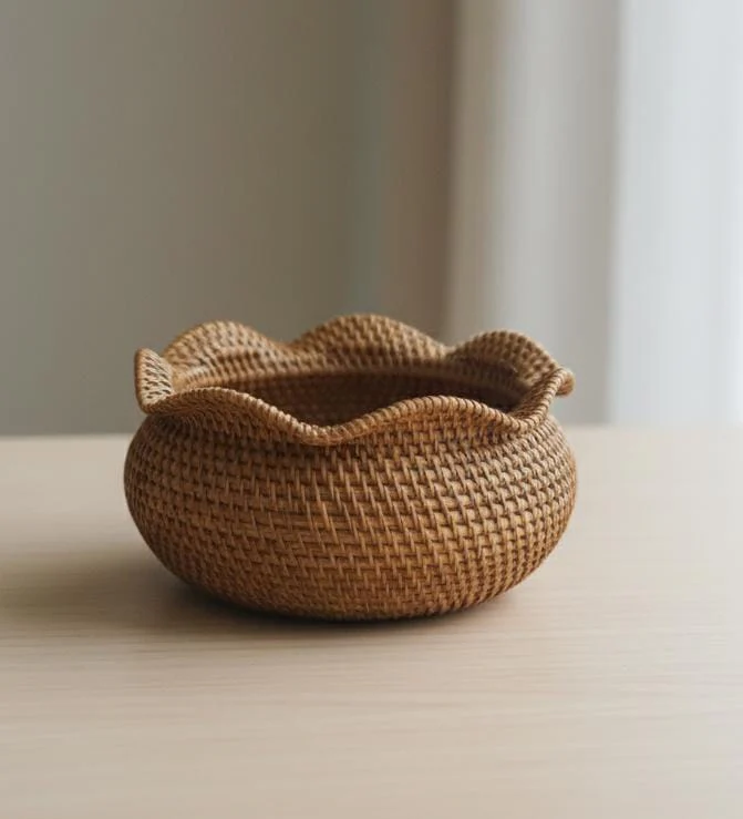 AKDC Rattan Bowl 22 cm – Cream Color Handwoven Decorative & Serving Bowl
