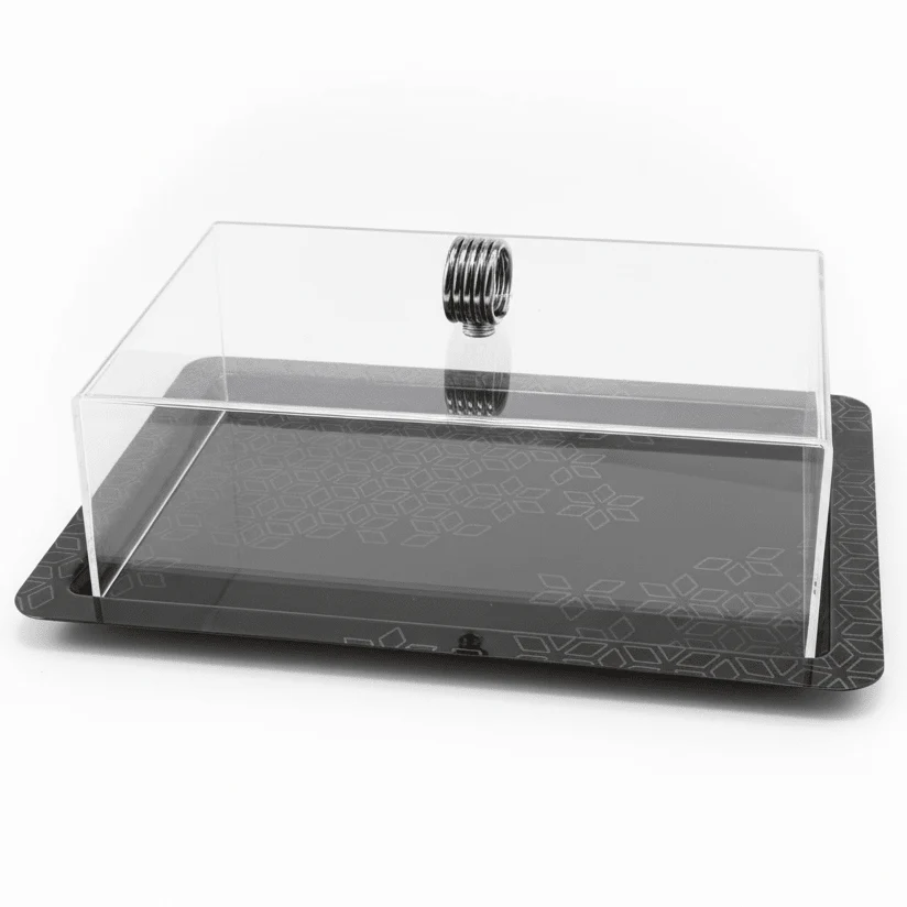 AKDC Rectangular Black Metal Serving Tray with Clear Acrylic Lid – Modern Serving Solution 25×18 cm